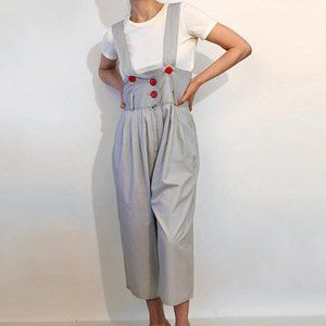 Vintage 80s Gray Cotton High Waist Suspender Pants Jumpsuit w/ Pleated Wide Legs